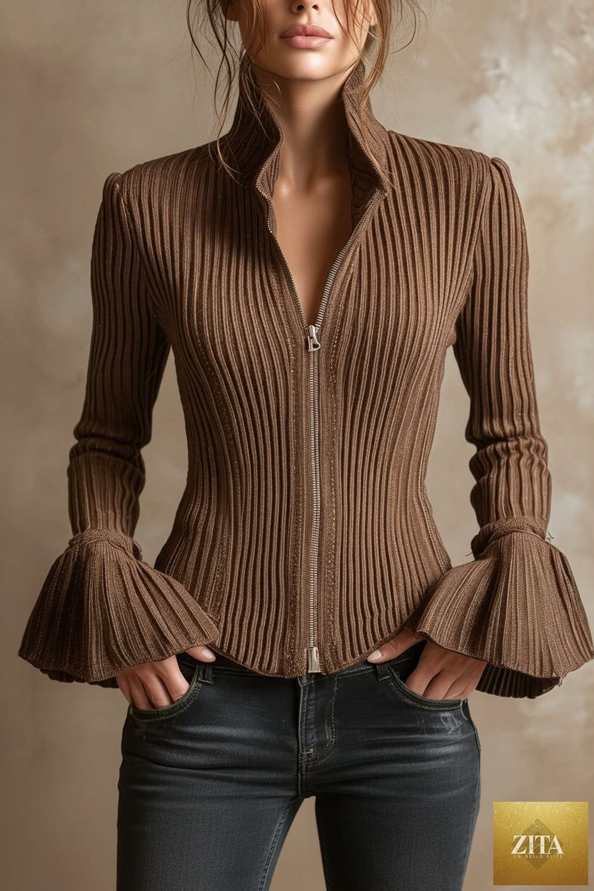 Women's slim-fit rib-knit zip-up top with flared cuffs by FitiqueFit, shown with close-up of the textured fabric and stylish design.