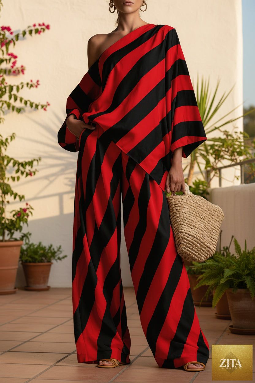 Women's retro striped batwing top and wide-leg pants two-piece set by MERIDGE, featuring bold horizontal stripes and relaxed fit.