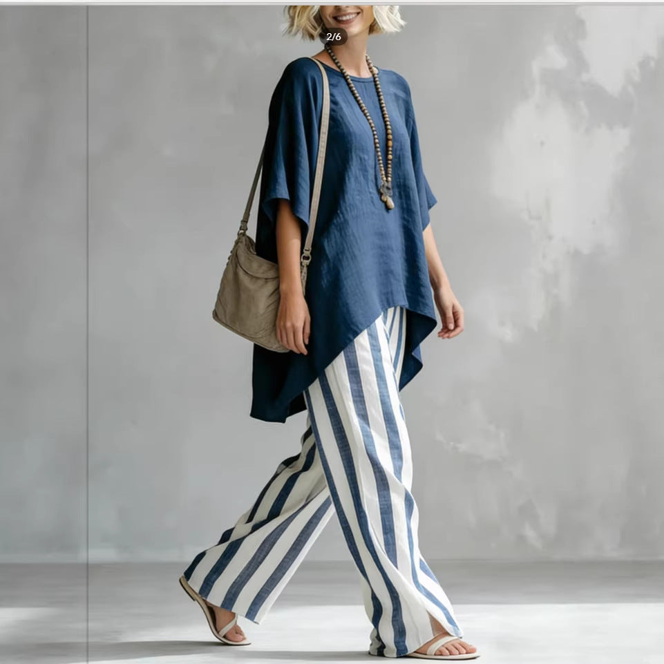 Women's striped batwing-sleeve linen two-piece set by FitiqueFit, featuring a loose fit and casual style.