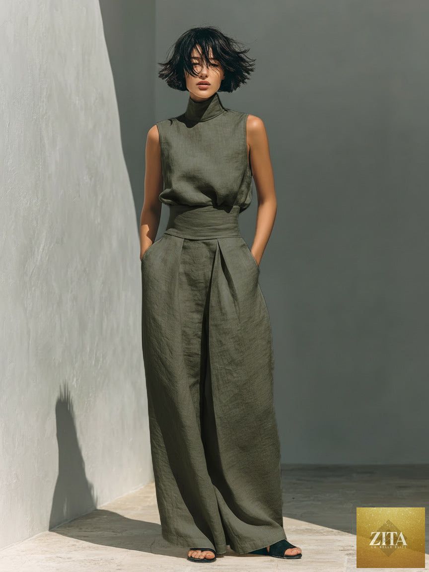 Women's linen-blend high-neck sleeveless top and wide-leg pants set by MERIDGE, displayed together in a stylish two-piece outfit.