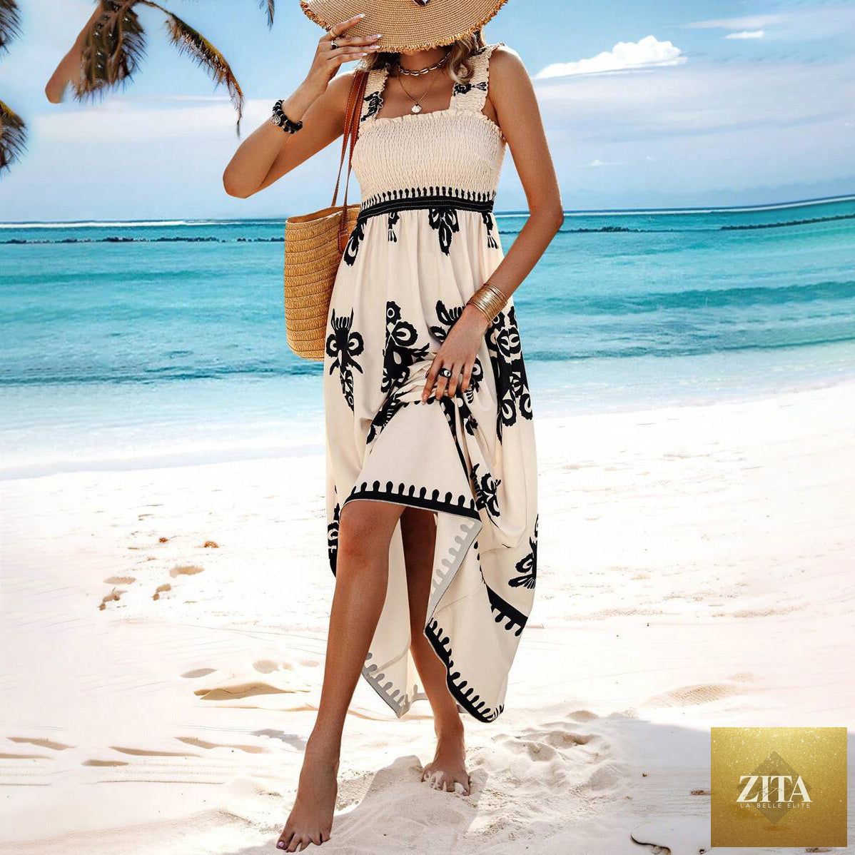 Women's printed maxi dress by MERIDGE with wide straps, smocked bodice, tassel waist, flowing fabric, and vibrant floral pattern.