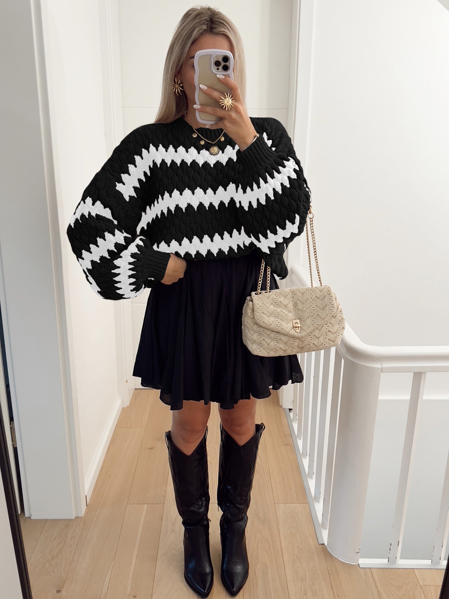Autumn Winter Women Knitted Pullover Striped Trendy Loose Sweater Crimson Medea