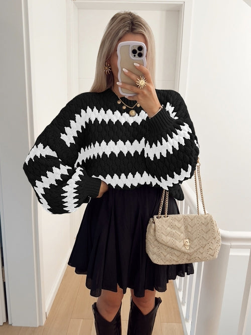 Autumn Winter Women Knitted Pullover Striped Trendy Loose Sweater Crimson Medea