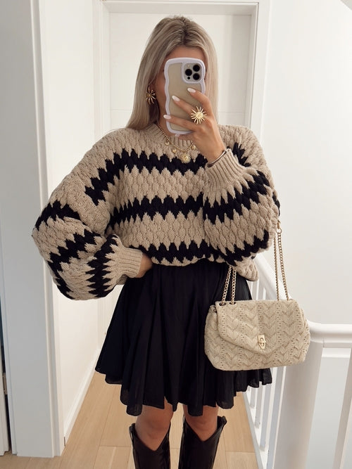 Autumn Winter Women Knitted Pullover Striped Trendy Loose Sweater Crimson Medea