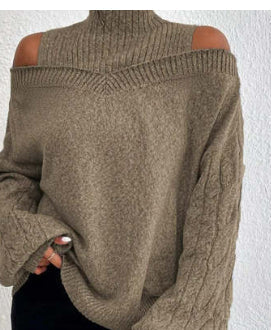 Women’s elegant off-shoulder turtleneck sweater by FitiqueFit, long sleeve knit top perfect for casual wear, shown in natural fit and style.