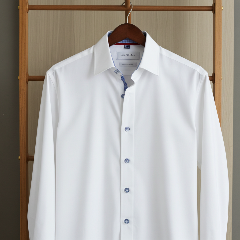 White LEVINAS® cotton knit stretch button-up shirt with contrast details, tailored fit, and classic design.