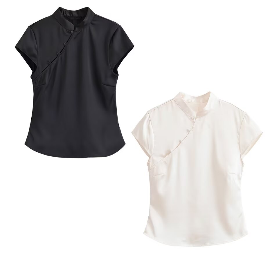 Spring women's silk satin top with sexy button decoration, stylish and elegant, perfect for fashionable spring outfits.