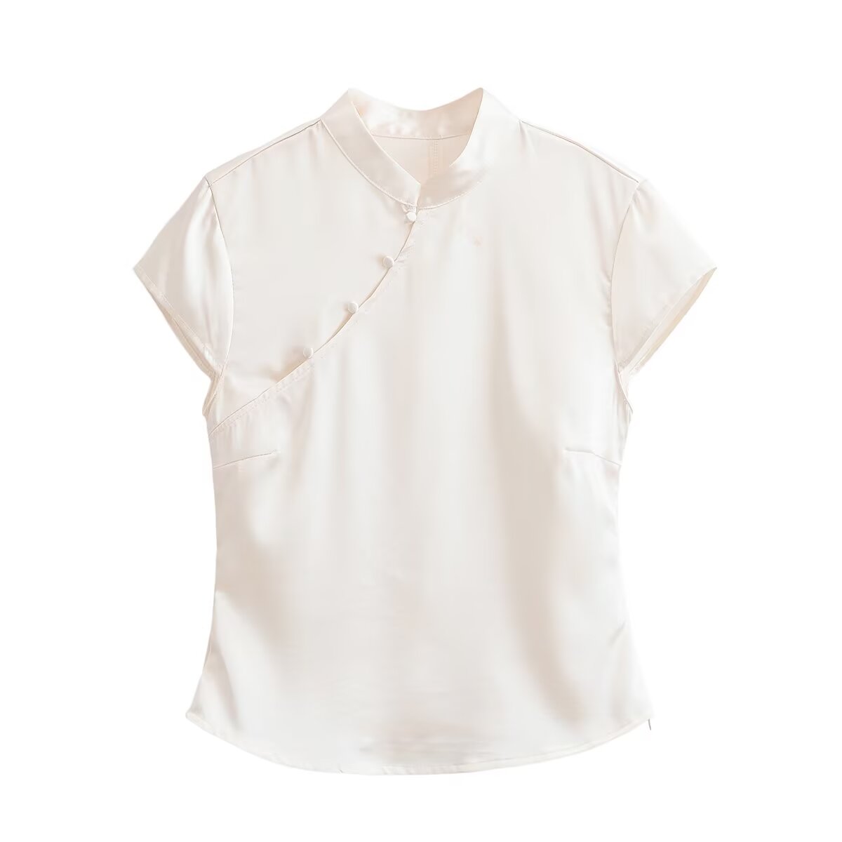Spring women's silk satin top with button decoration, stylish and sexy, featuring a sleek satin finish and feminine design.