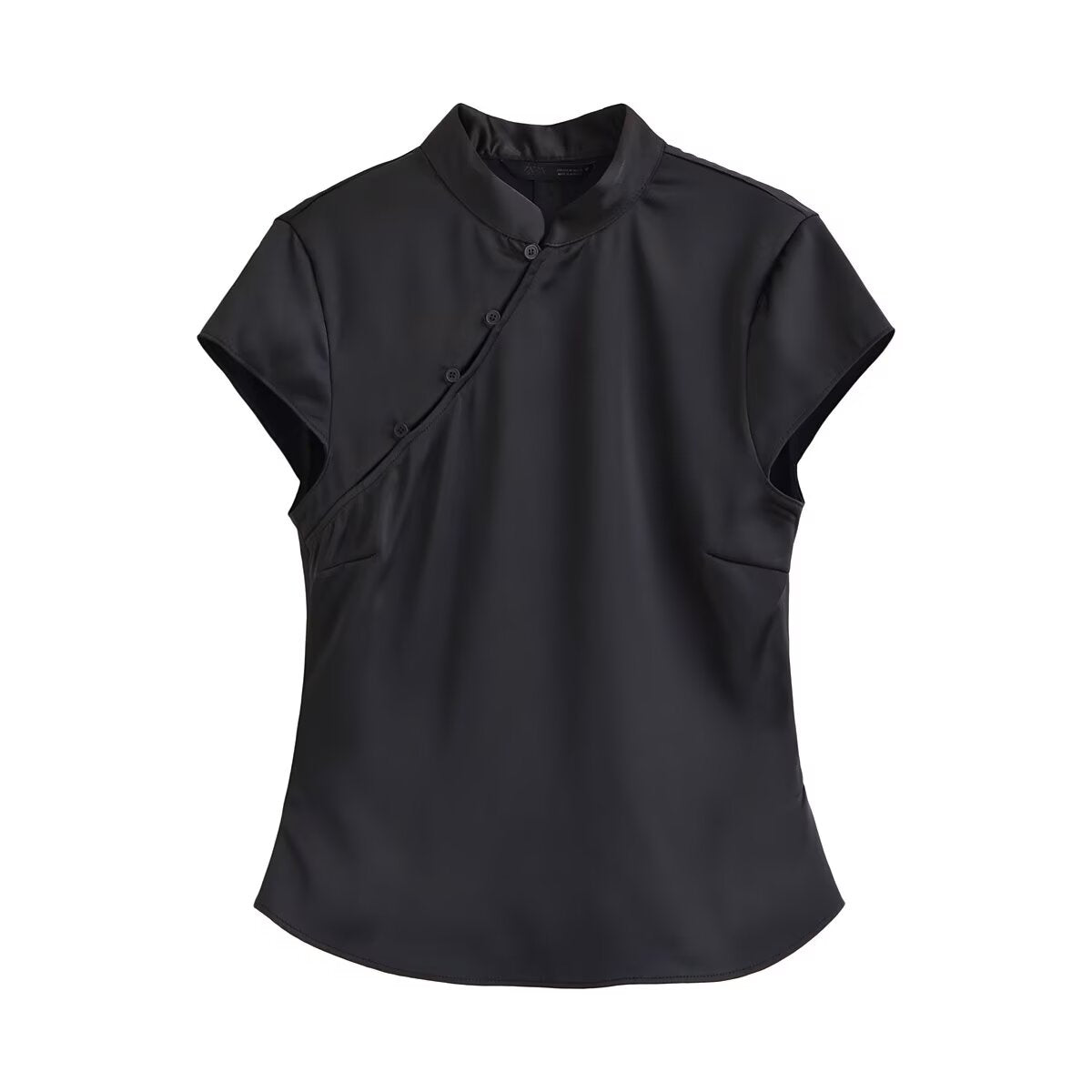 Spring women's silk satin top with sexy button decoration, stylish and elegant, featuring a smooth, shiny fabric and feminine design.