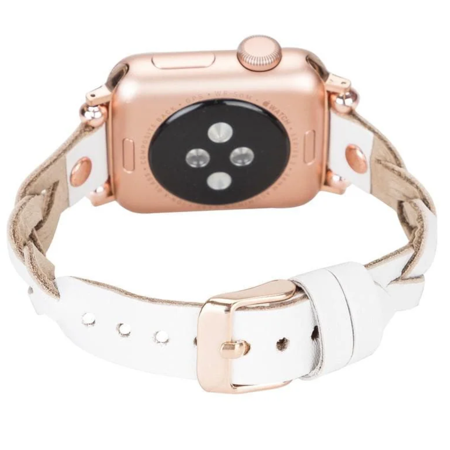Leather Apple Watch braided band in white from LEATHERE, featuring a stylish woven design for a comfortable fit.