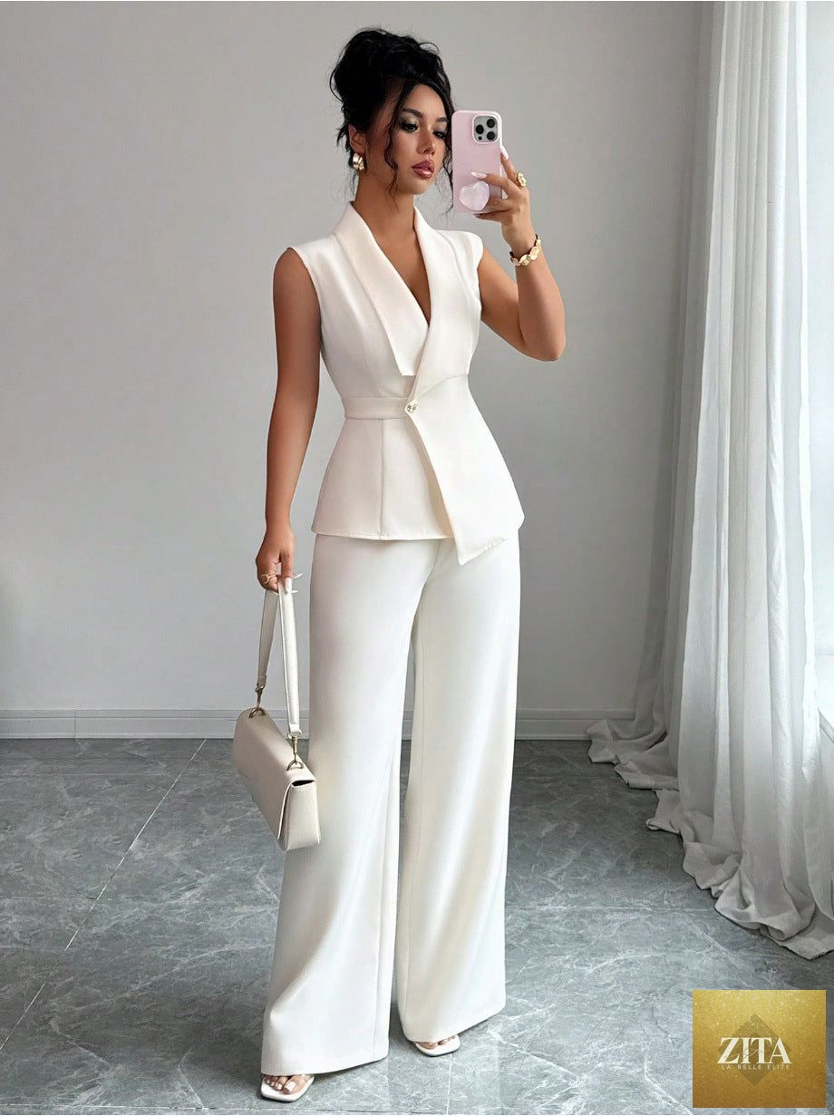 Women's MERIDGE peplum sleeveless blazer and wide-leg pants two-piece set, featuring a tailored blazer and stylish pants.