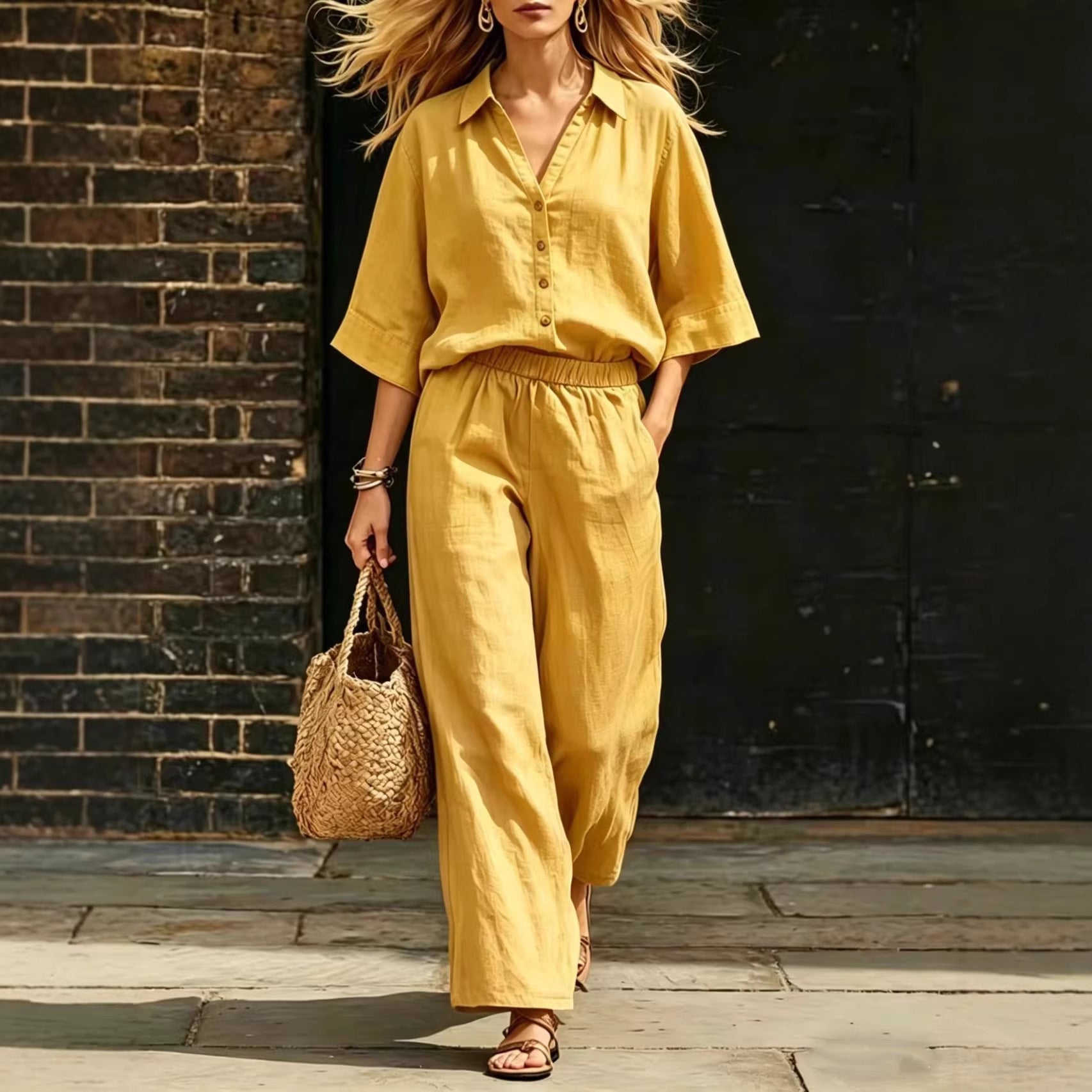 Short-Sleeve Shirt & Loose Pants Set – Casual Two-Piece