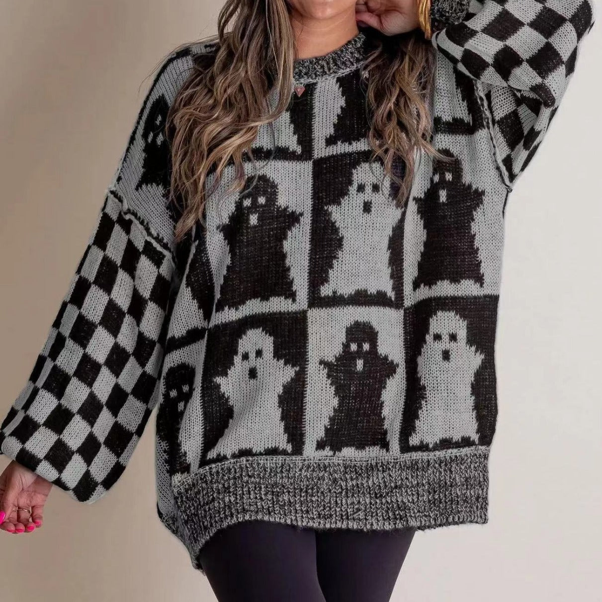 Halloween Cartoon Pumpkin Ghost Sweater Winter Loose Pullover Knitted Crimson Medea