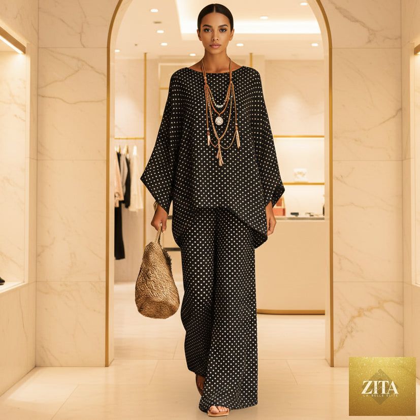 MERIDGE floral print bamboo linen two-piece set with wide-leg pants, showcasing a stylish and comfortable summer outfit.