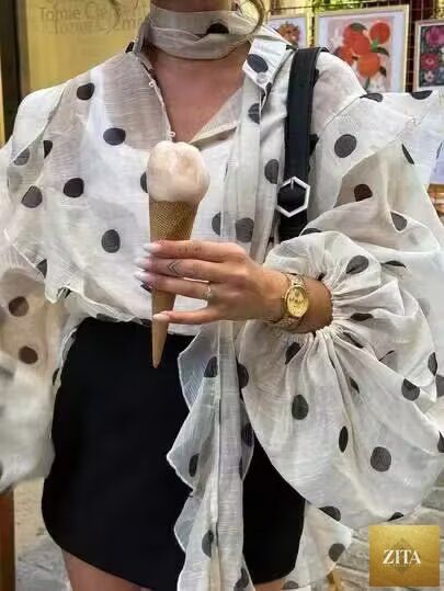 Long-sleeved polka dot shirt for women by Bella Mia, featuring a stylish patchwork design and high-end fabric.