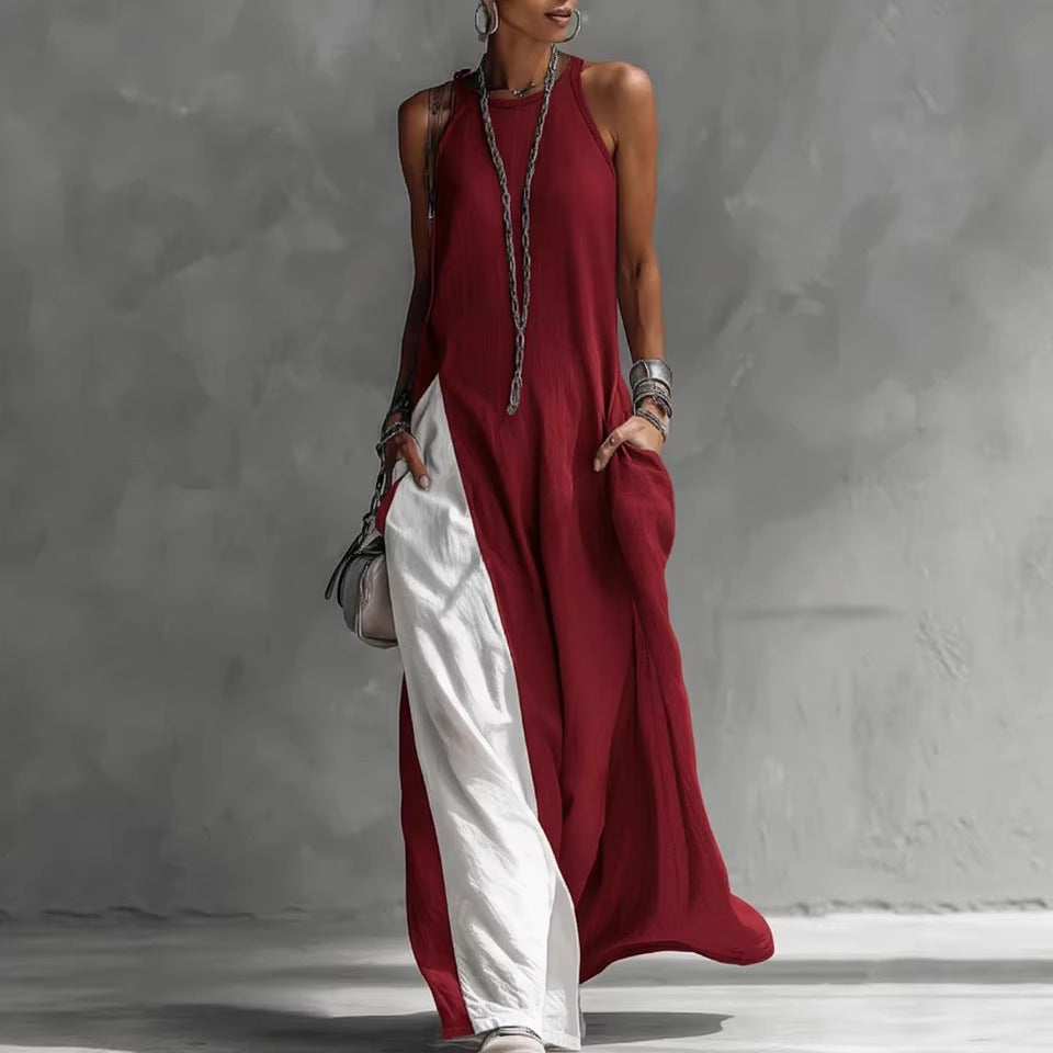 Women’s sleeveless off-shoulder loose maxi dress with pockets, casual FitiqueFit brand, flowing fabric and relaxed fit.