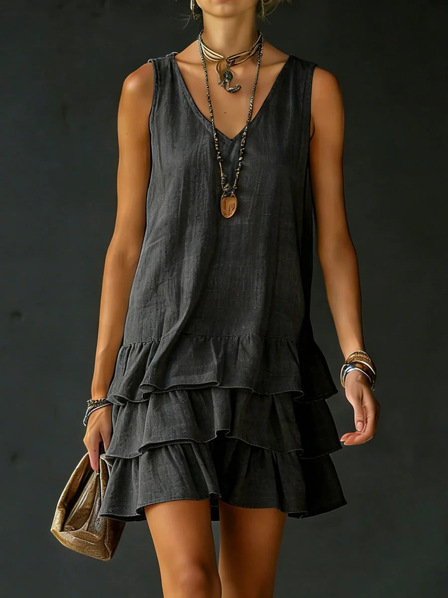 FitiqueFit V-neck sleeveless midi dress in five colors, casualwear, shown in a stylish, flowing design on a model.