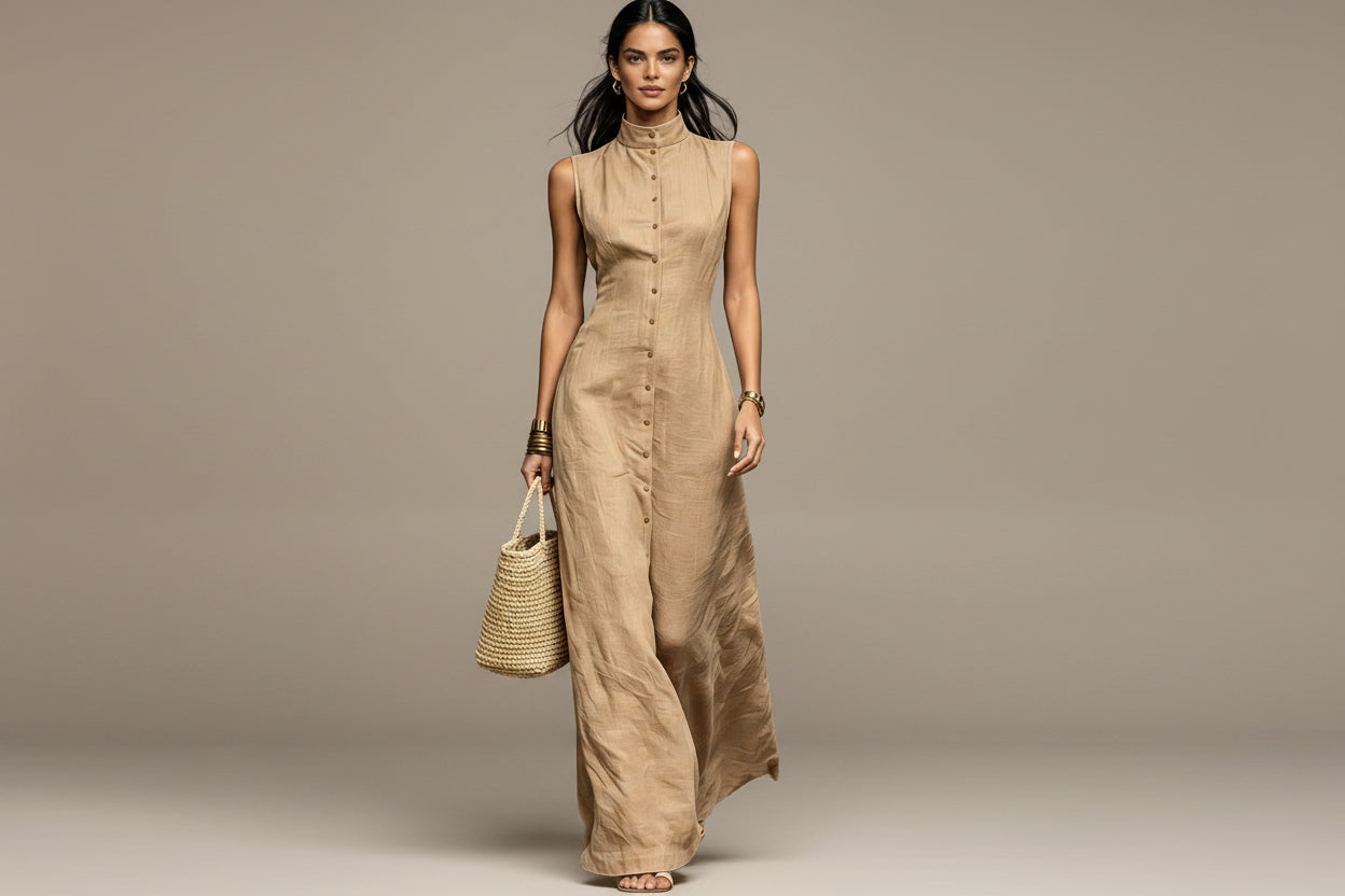 Women's sleeveless midi dress with stand collar and single-breasted design by FitiqueFit, perfect for casualwear.