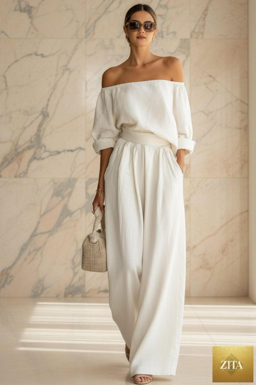 Women's Off-Shoulder Puff Sleeve Blouson Top & High-Rise Wide-Leg Pants Cotton-Linen Set