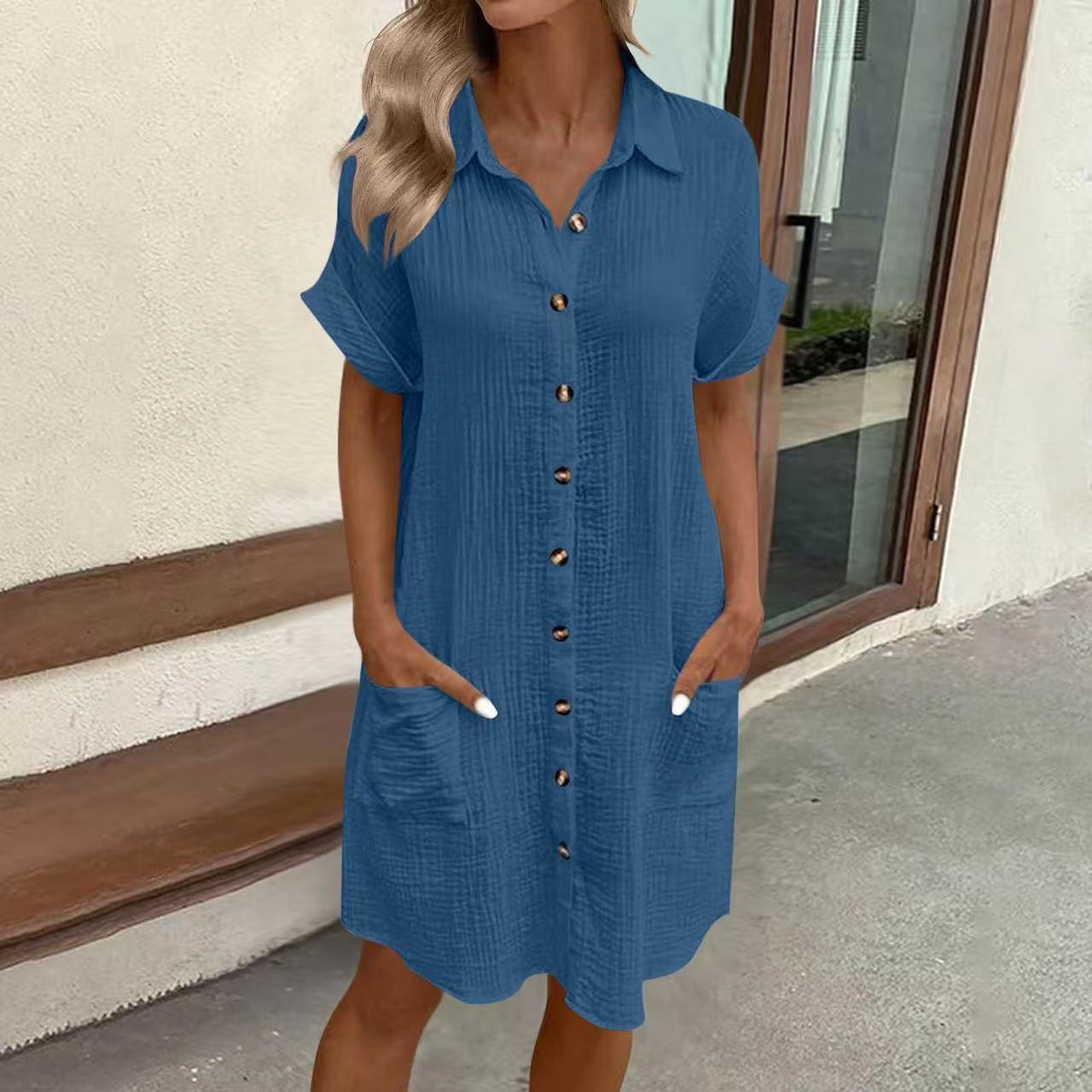 Women's casual loose-fit midi shirt dress with short sleeves and button-down front by FitiqueFit, perfect for relaxed everyday wear.