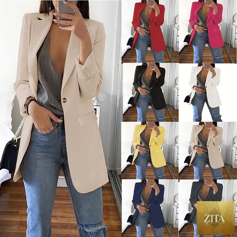 Stylish women's slim-fit blazer with lapel collar, casual design, in neutral color, by Sell My Stuff, suitable for versatile outfits.