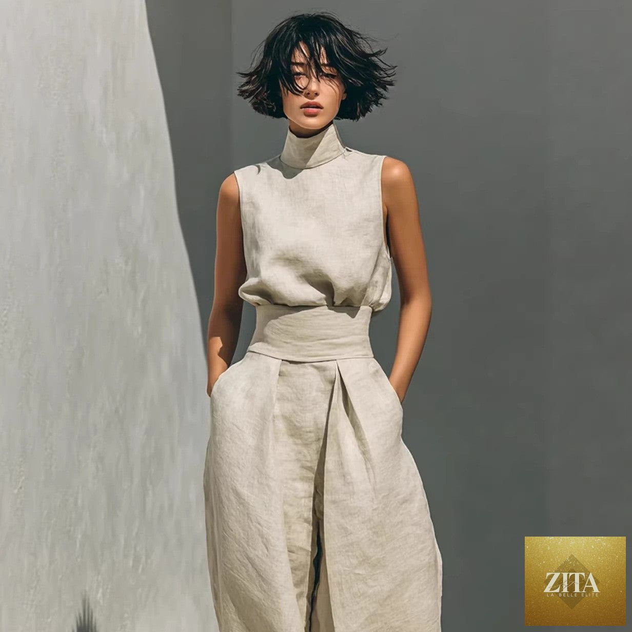 Women’s linen-blend high-neck sleeveless top and wide-leg pants set by MERIDGE, showing the stylish two-piece outfit on a model.