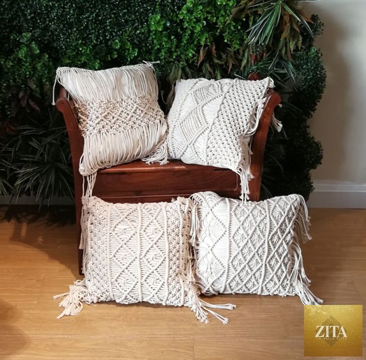 Bohemian hand-woven macrame cotton cushion cover with intricate knot details and natural beige color, perfect for boho decor.