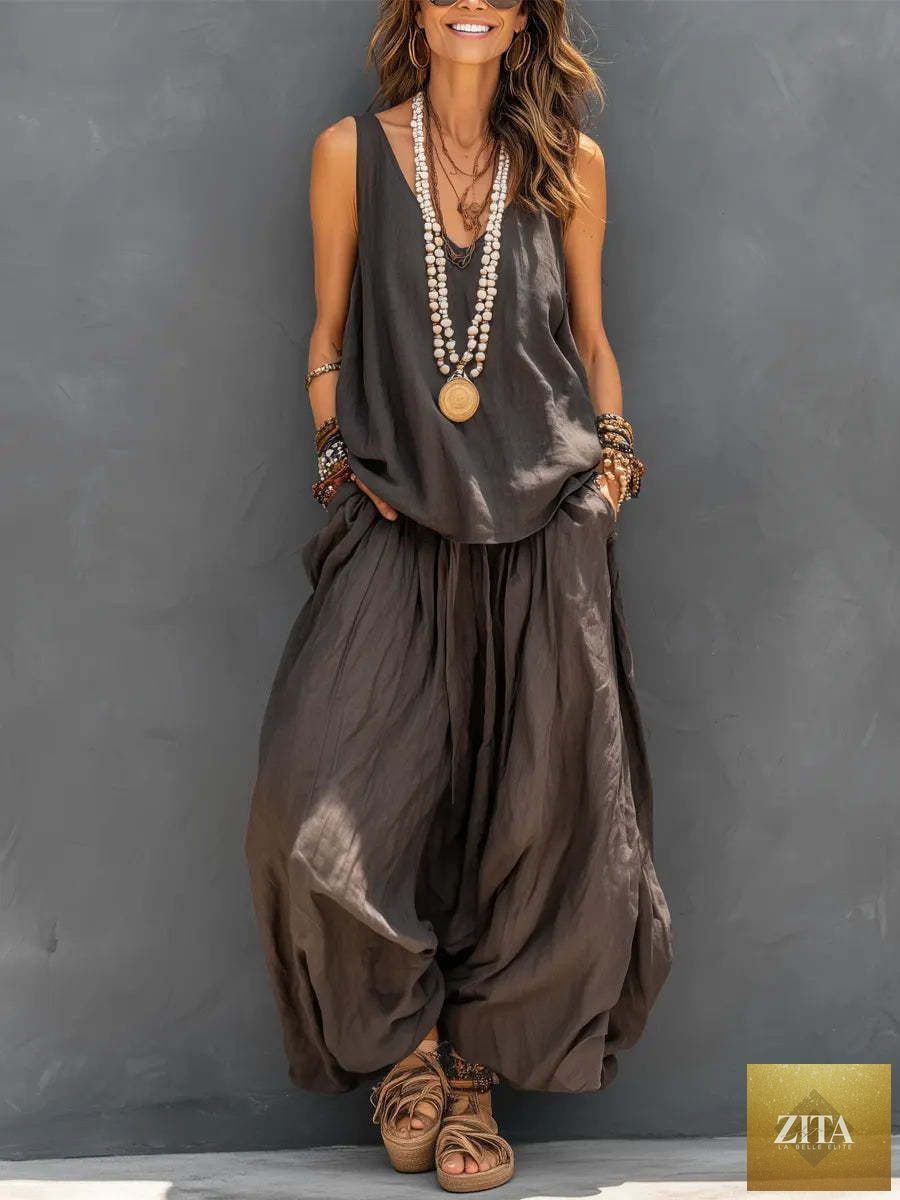 Womens Solid-Colored Casual Sleeveless Tank Top And Wide-Leg Pants Cotton-Linen Set For Daily Wear Holiday Outfit