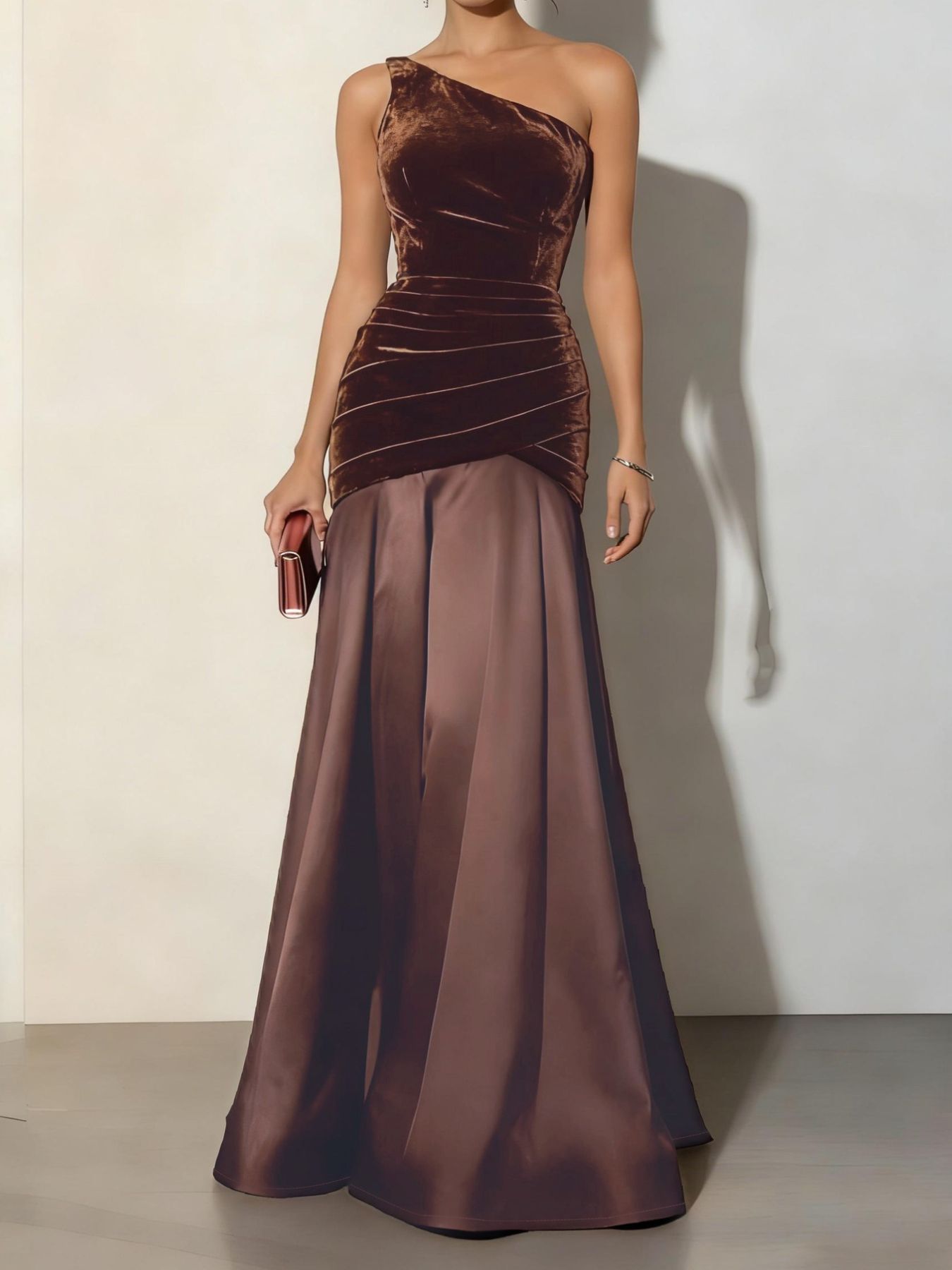 Velvet one-shoulder mermaid maxi dress from Shopiebay, featuring a fitted silhouette and elegant design on the runway.