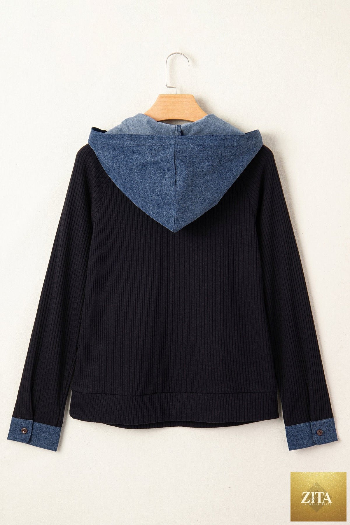 Black Ribbed Knit Contrast Denim Patchwork Hooded Long Sleeve Top