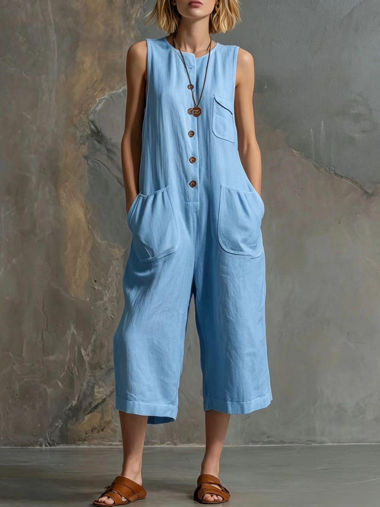 Women's retro sleeveless wide-leg cropped jumpsuit by FitiqueFit, featuring a casual, stylish fit and relaxed silhouette.