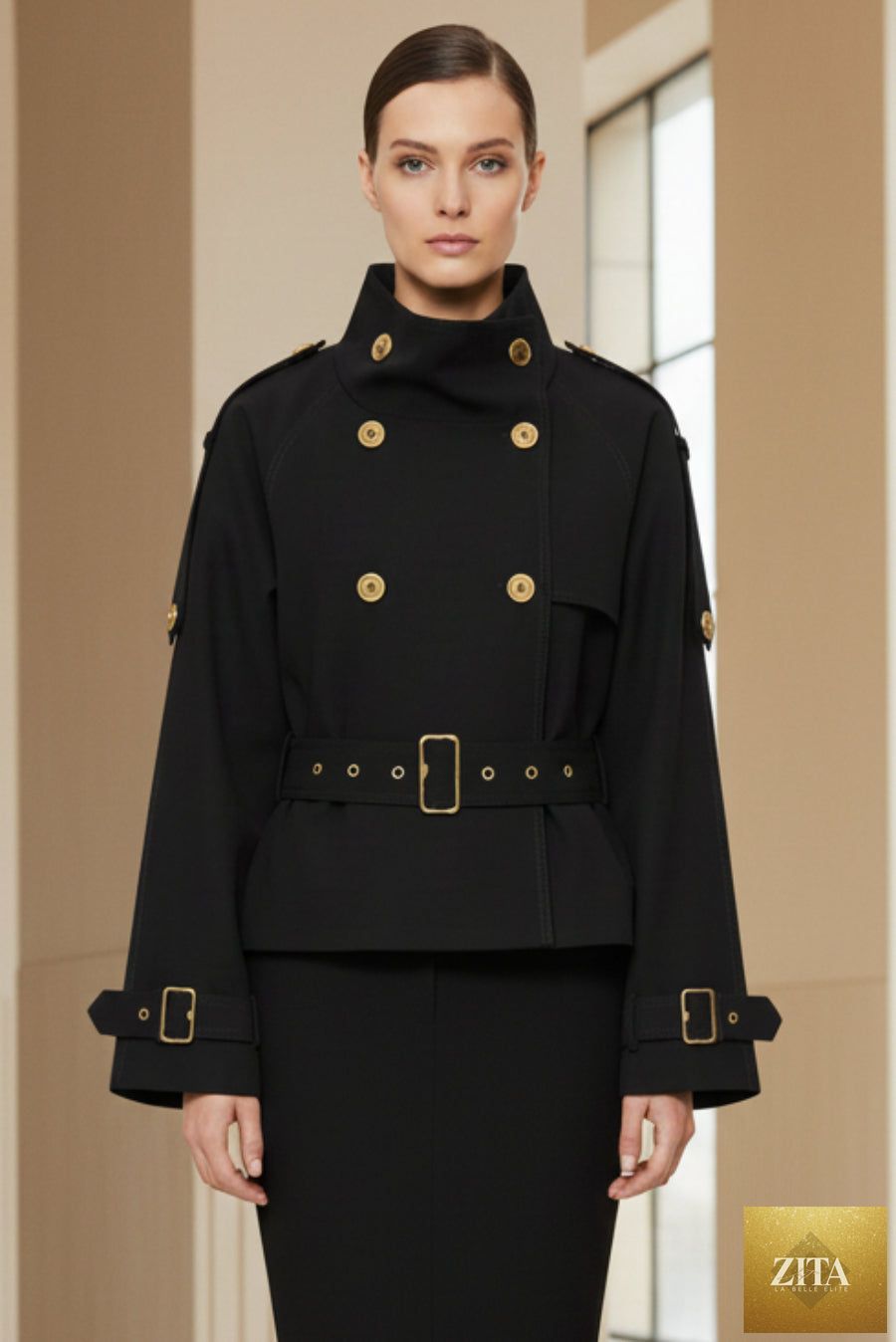 Cropped Double-Breasted Jacket with Gold Hardware
