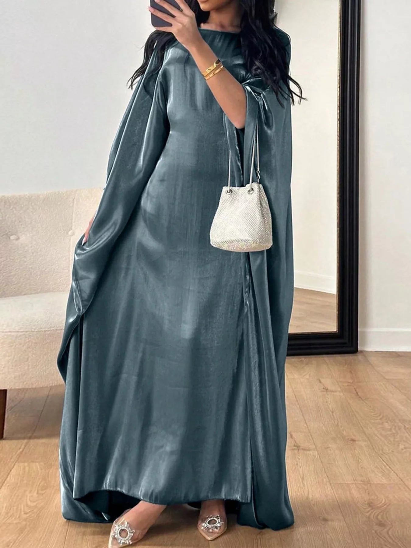 Elegant round neck kimono sleeve maxi dress by Shopiebay, flowing fabric with a relaxed fit and stylish design.