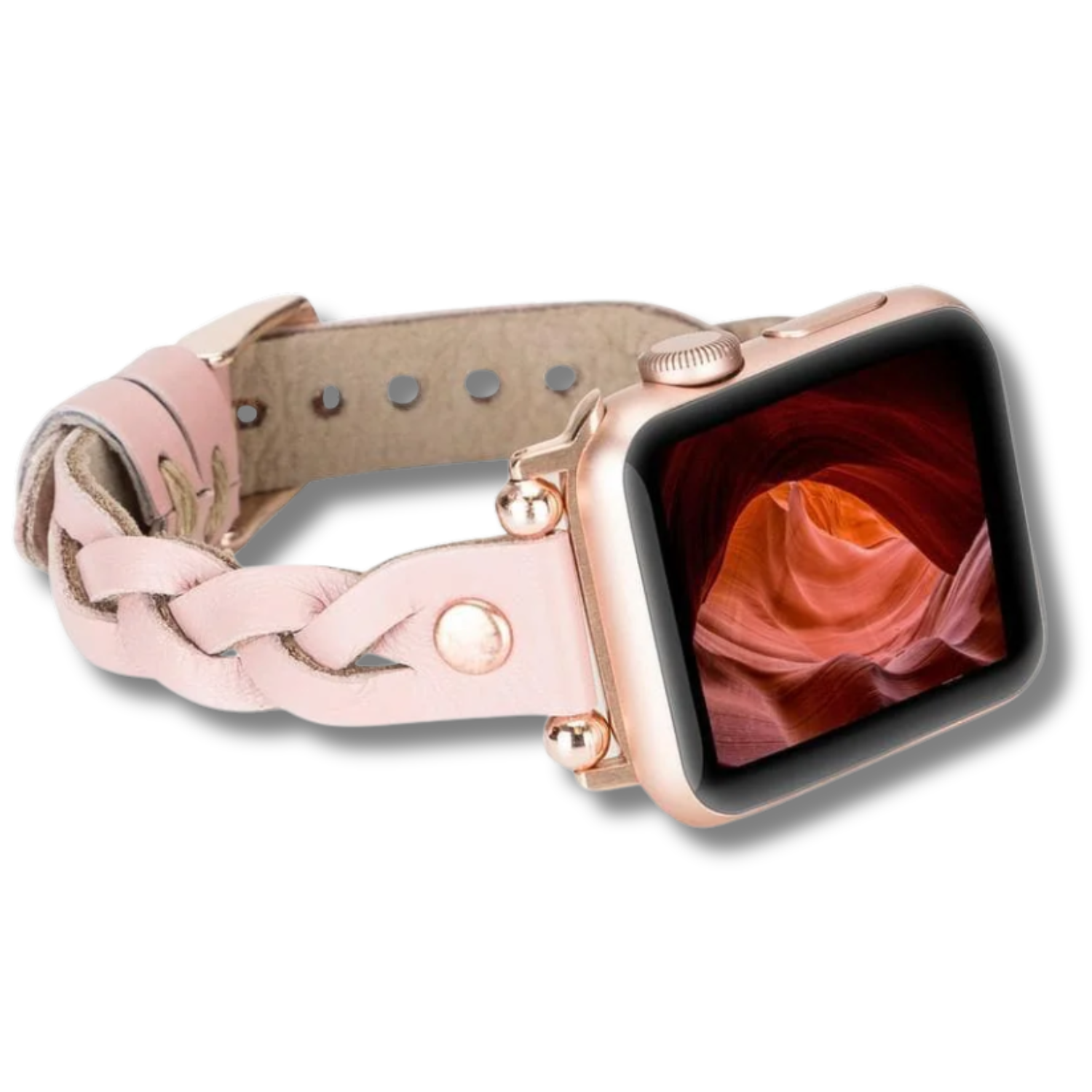 Leather Apple Watch band by LEATHERE with pink braided leather strap, designed for a stylish and comfortable fit.