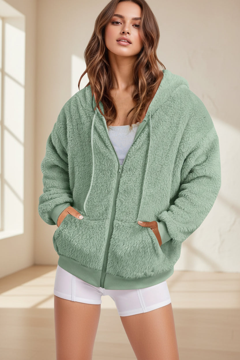 Oversized Fit hoodie by FitiqueFit made of soft cotton velvet, featuring a long zip-up design and comfortable casual style.