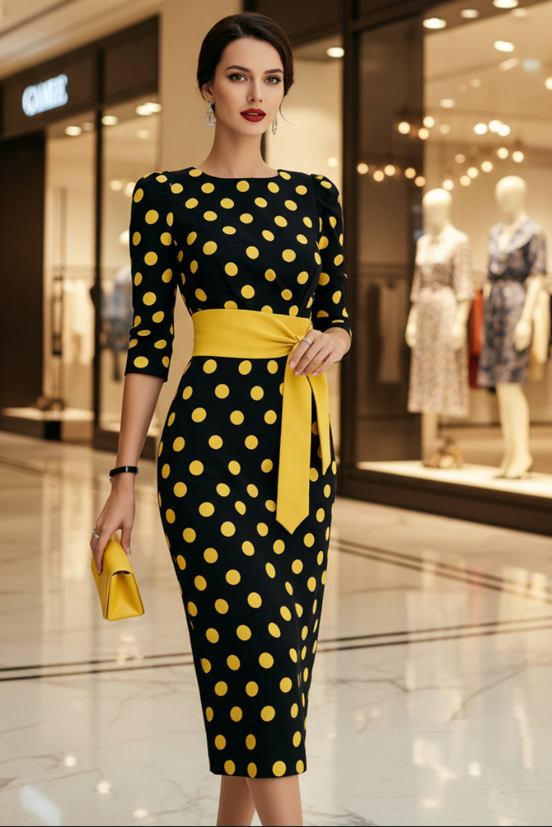 Women's retro polka-dot bodycon midi dress with belt and cross-tie from FitiqueFit, featuring a fitted casualwear design.