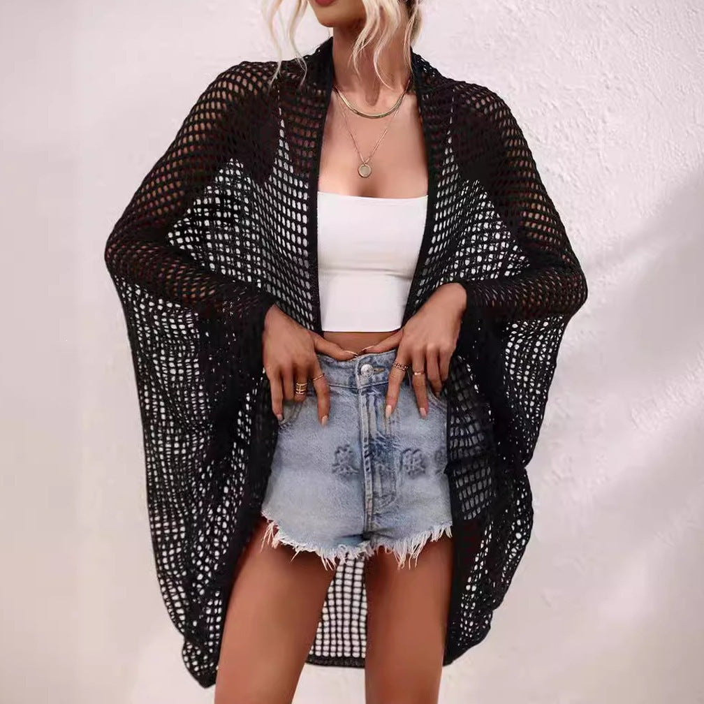 Women's hollow-out shawl cardigan by FitiqueFit with batwing sleeves, lightweight sun-protective casual cover-up for warm weather.