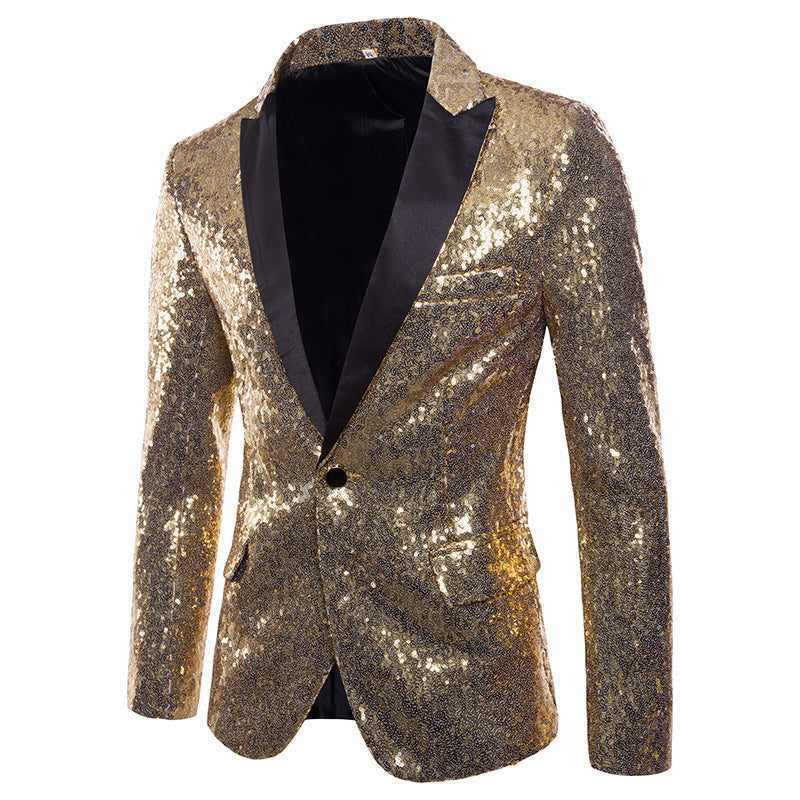 Men's banquet stage costume bar sequin suit jacket with shiny, eye-catching silver sequins, perfect for performances or festive events.