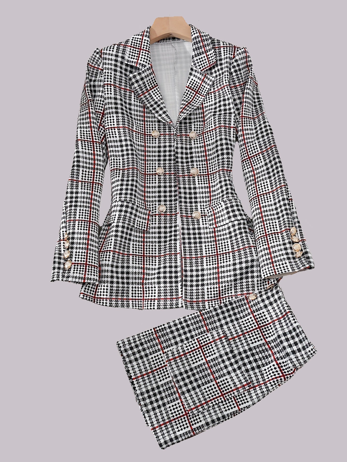 Plus size plaid skirt suit for women, casualwear set with blazer and high-waist skirt, by FitiqueFit, shown on a model.