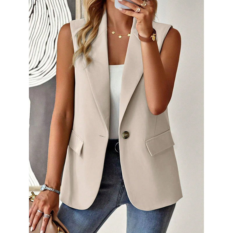 Women's sleeveless blazer vest by FitiqueFit, casual open-front work jacket, stylish office top for women.