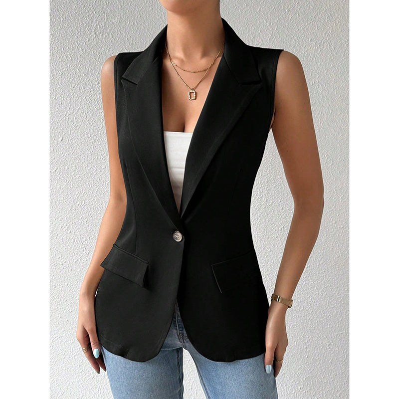 Women's sleeveless blazer vest by FitiqueFit, open front casual jacket for work or office wear, styled as a versatile casual top.