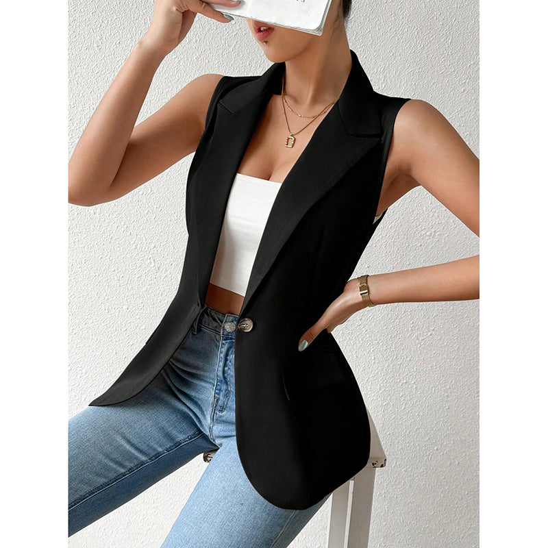 Women's sleeveless blazer vest by FitiqueFit, casual open-front work jacket, suitable for office and casual wear.