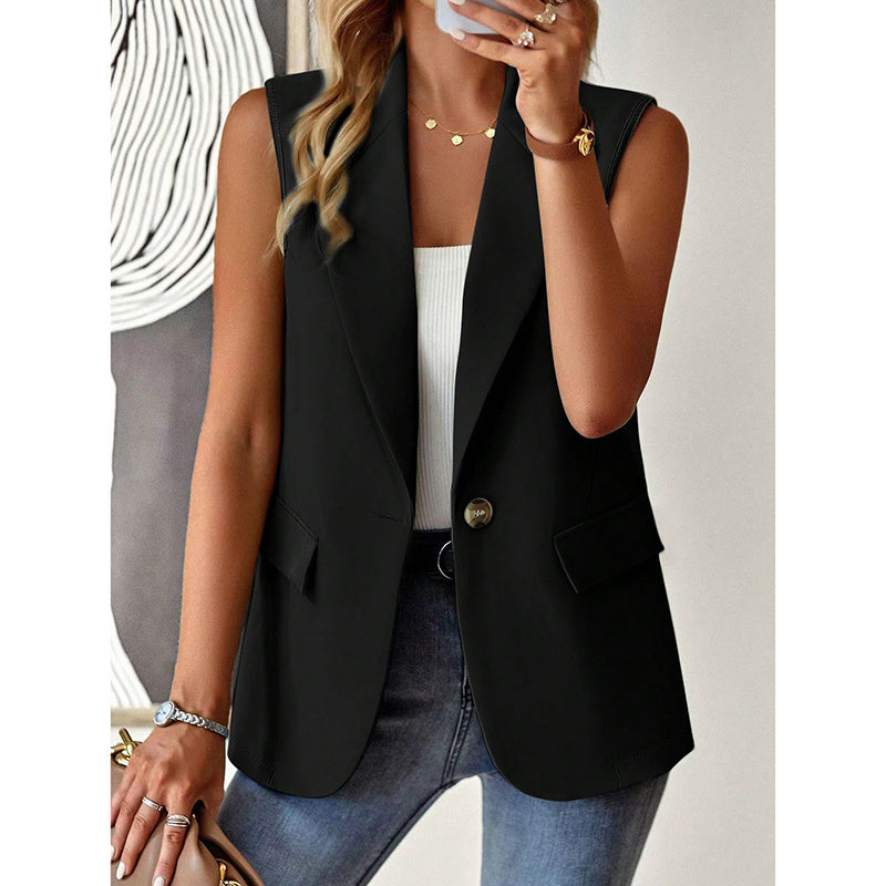 Women's sleeveless blazer vest by FitiqueFit, casual open-front work jacket, stylish office tops for women.