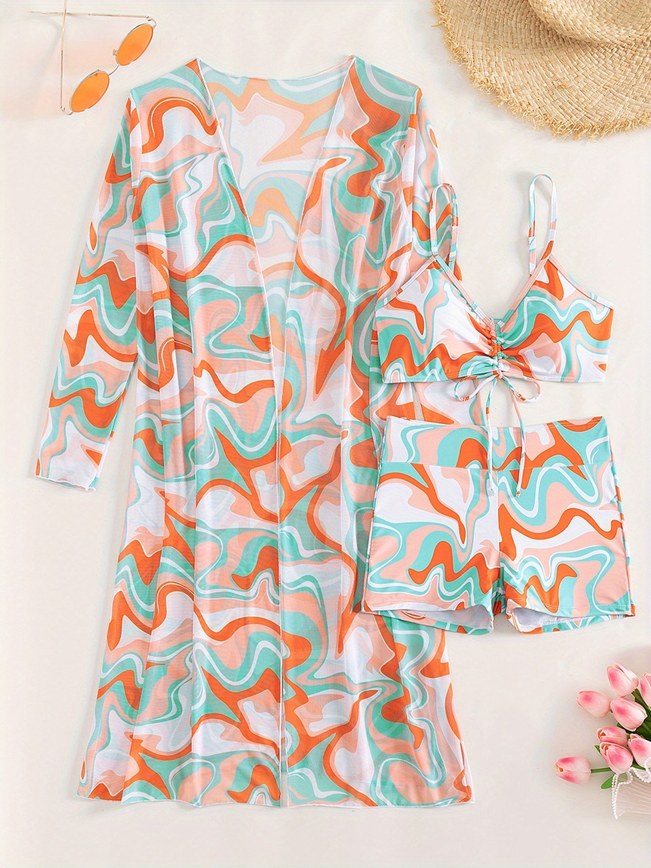 Stevvex Luxe Lines 3-piece geometric bikini set with high-rise drawstring bikini, boxer shorts, and sheer kimono cover-up for women.