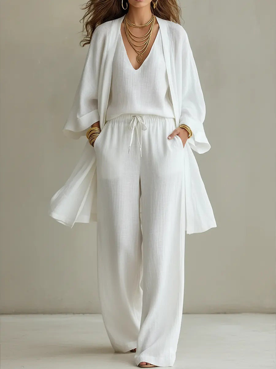 Casual women's three-piece set by FitiqueFit including a V-neck cardigan coat, pocket vest, and long pants, styled for everyday wear.