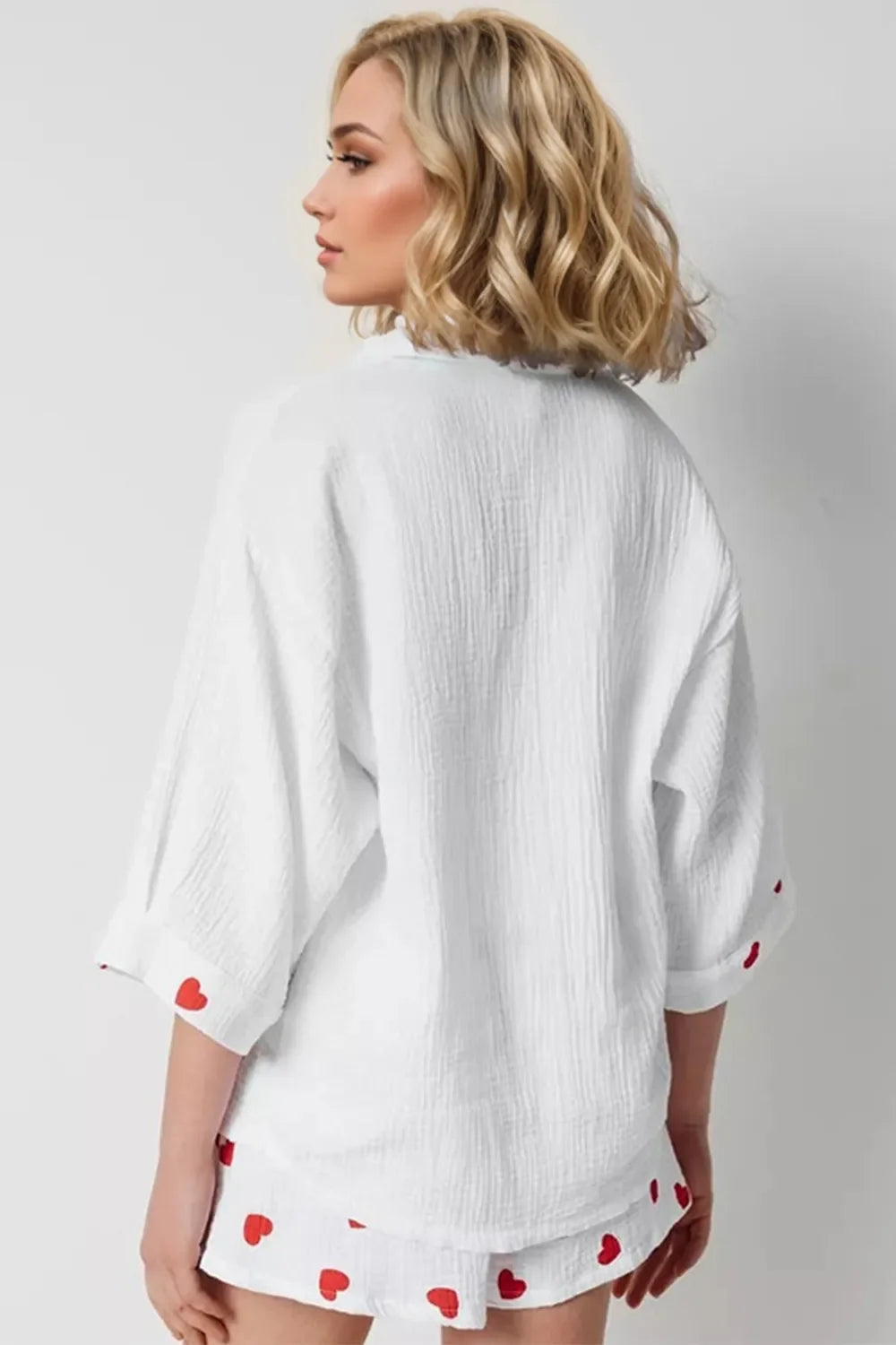 Basic Bae heart collar button-down top and shorts set, featuring a stylish collar and casual fit, perfect for everyday wear.