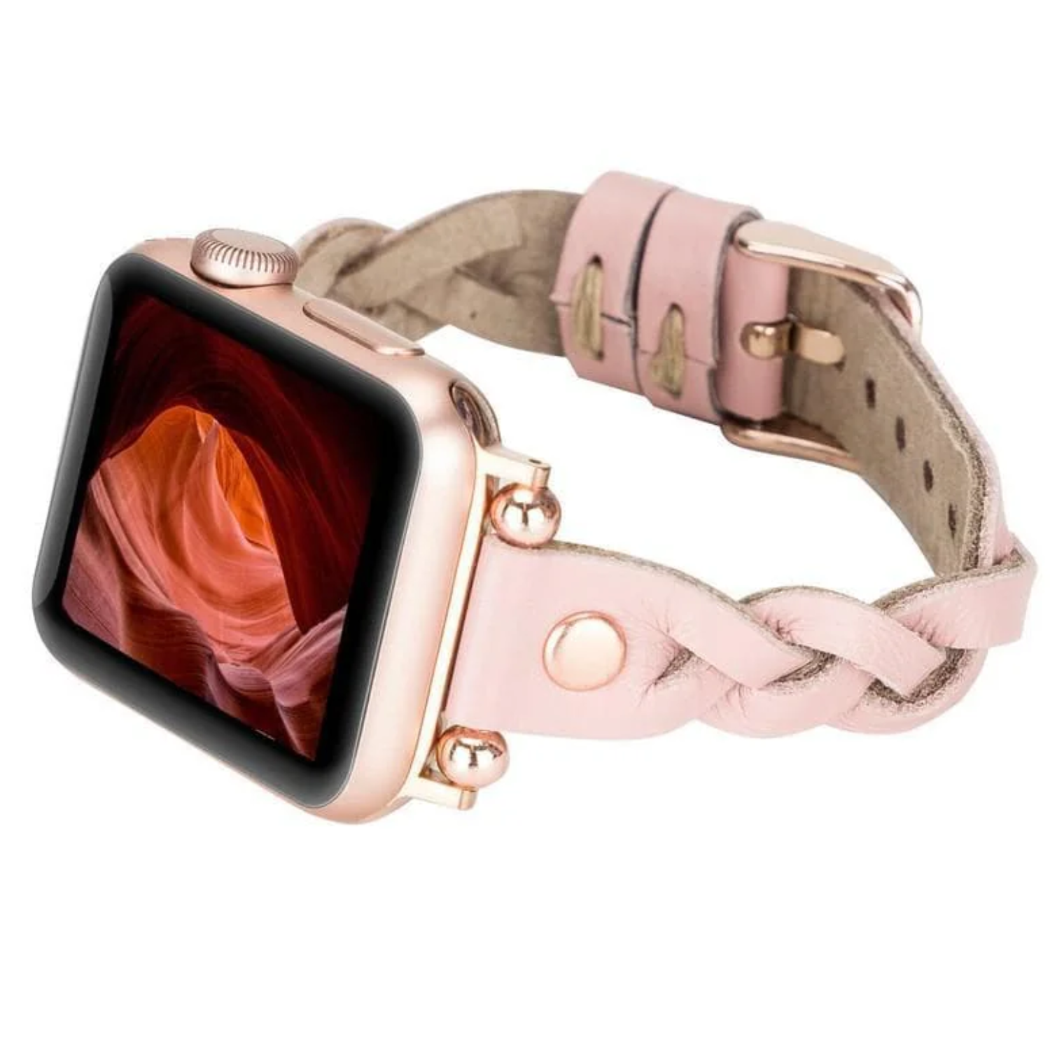 Leather Apple Watch band in pink with braided leather design by LEATHERE, stylish accessory for Apple Watch.