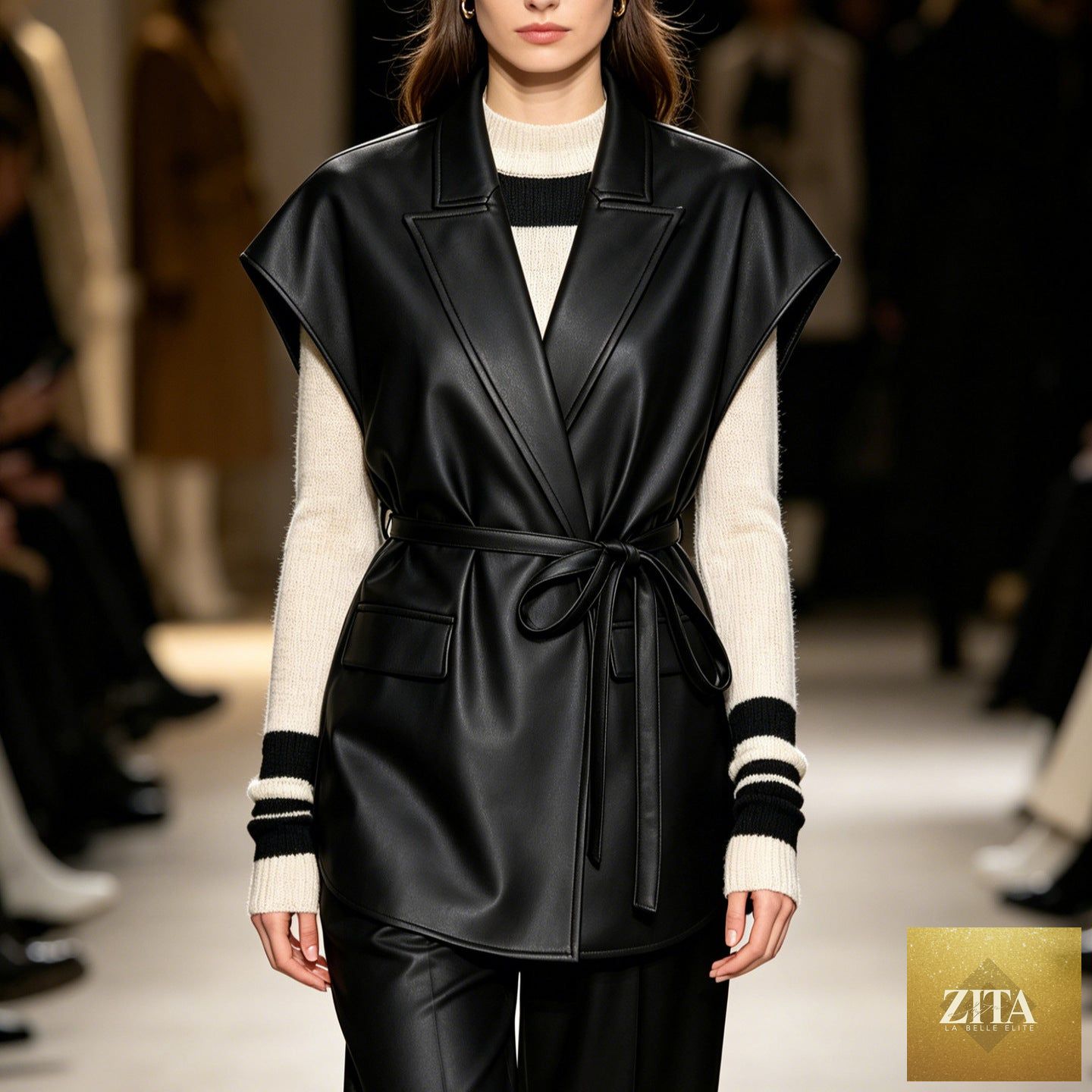 Women's sleeveless PU leather vest jacket with suit collar and tie-up waist, stylish outerwear by FitiqueFit.