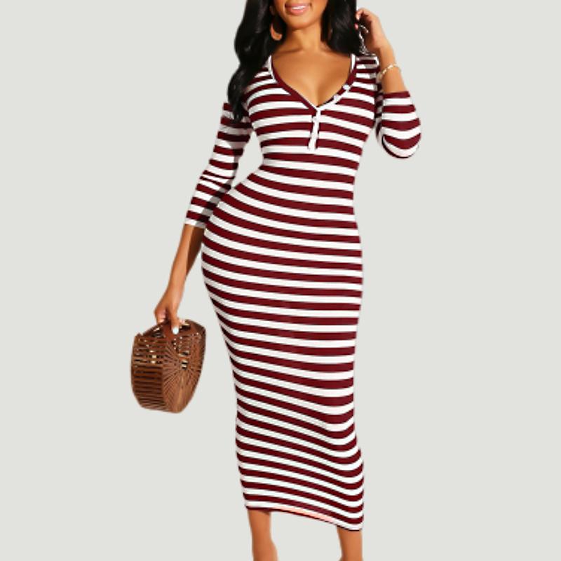 Sexy striped midi bodycon dress Women autumn winter female Jade