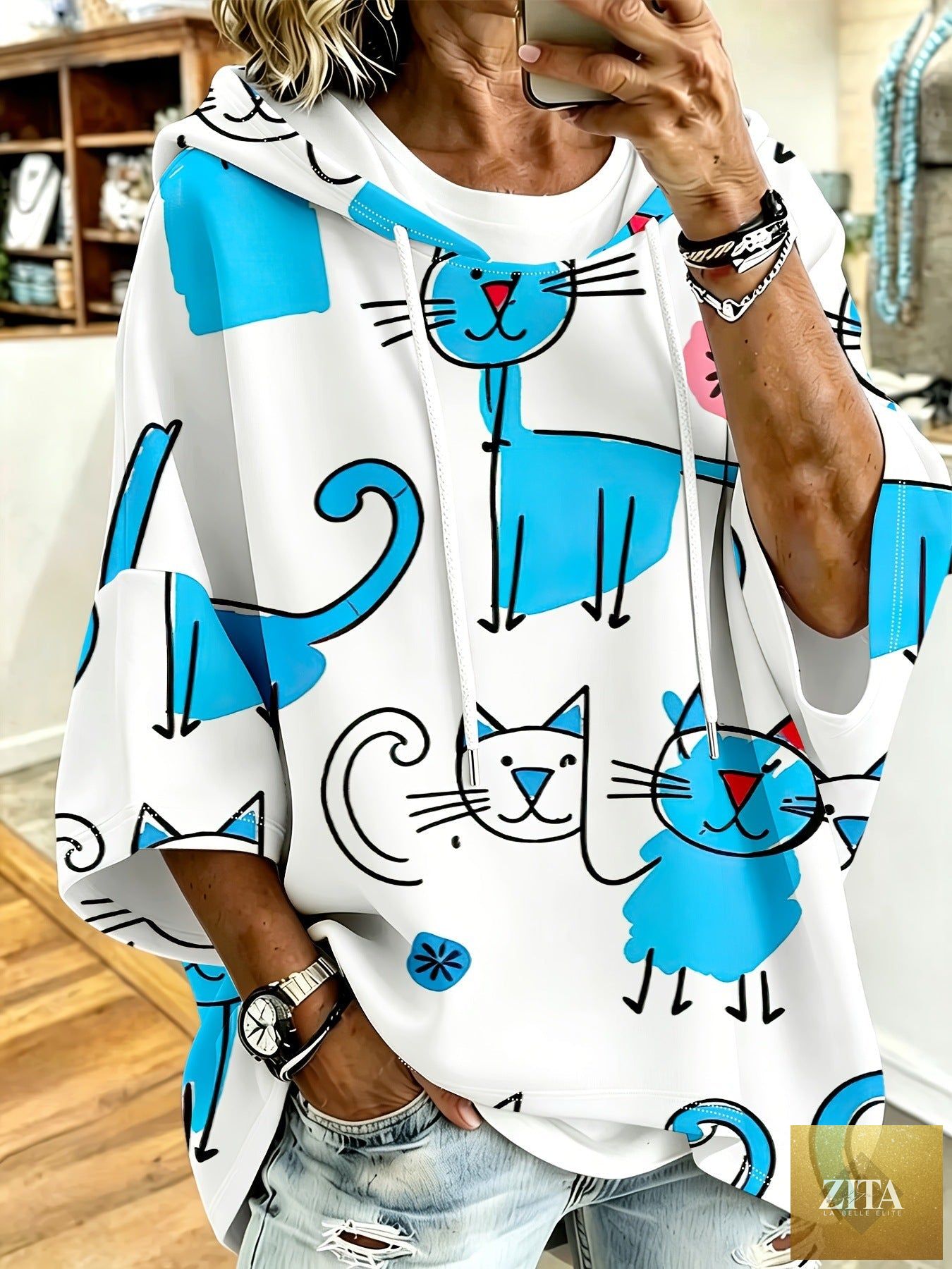 Cartoon Cat Print Hoodie with 3/4 Sleeves & Drawstring